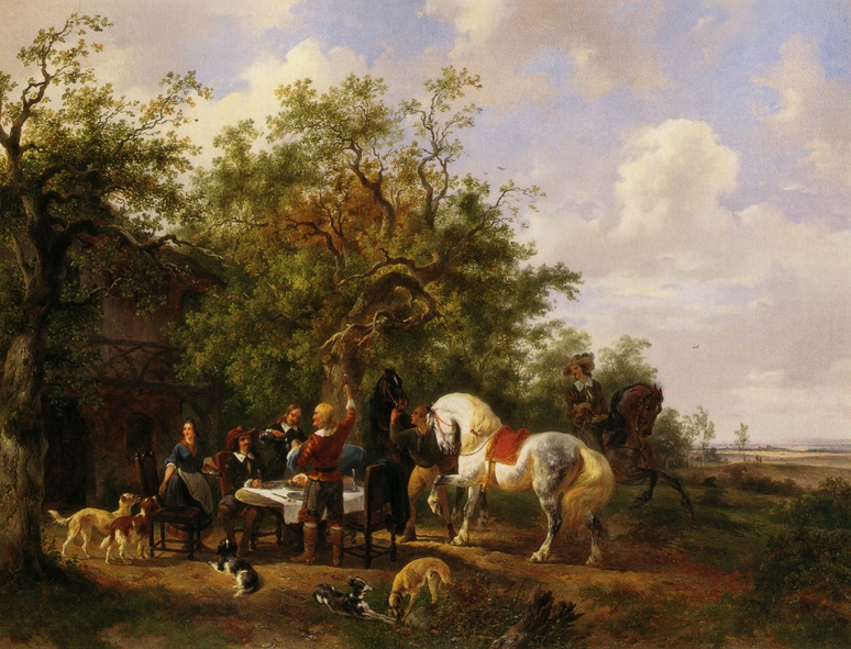 Wouterus Verschuur Compagny with horses and dogs at an inn